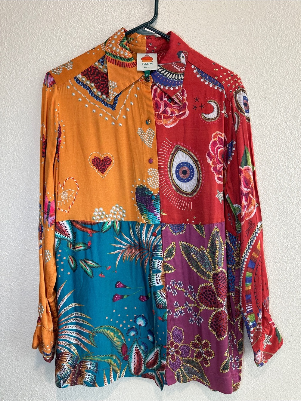 FARM RIO NWOT Colorblock Paisley & Heart Print Button-Front Blouse - Multicolor